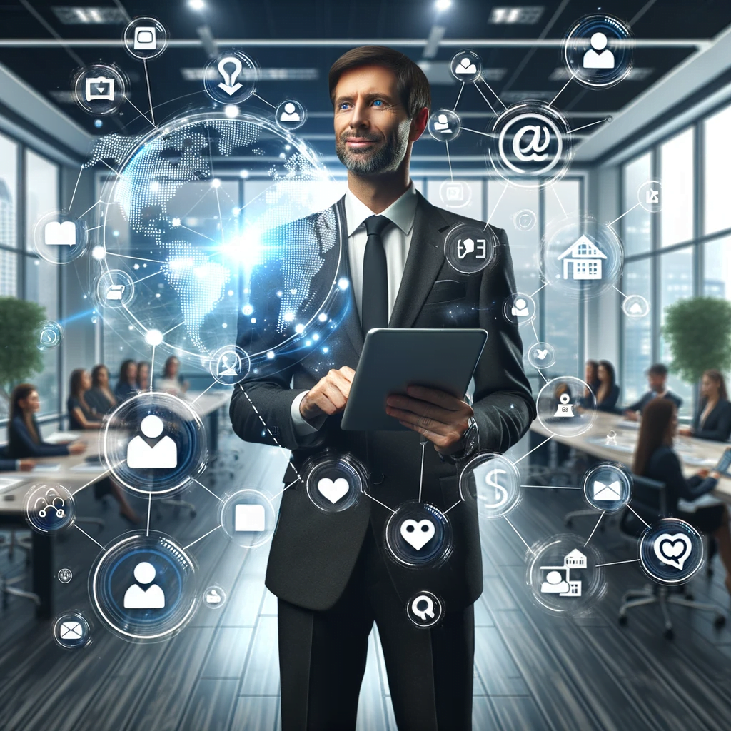 Un hombre de negocios vestido de traje sostiene una tableta delante de un grupo de personas, mostrando las 3 formas principales en que los profesionales inmobiliarios pueden captar nuevos clientes en las redes sociales.