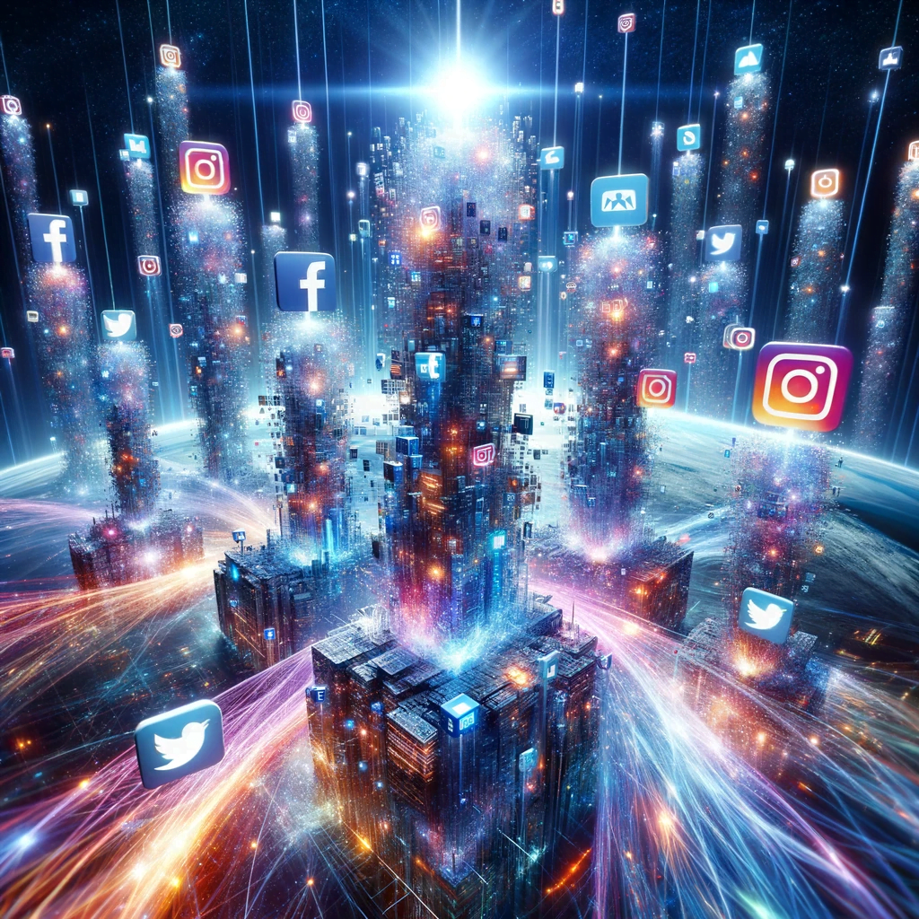 An image of a futuristic city featuring social media icons, showcasing the influence and impact of social media on modern society.
