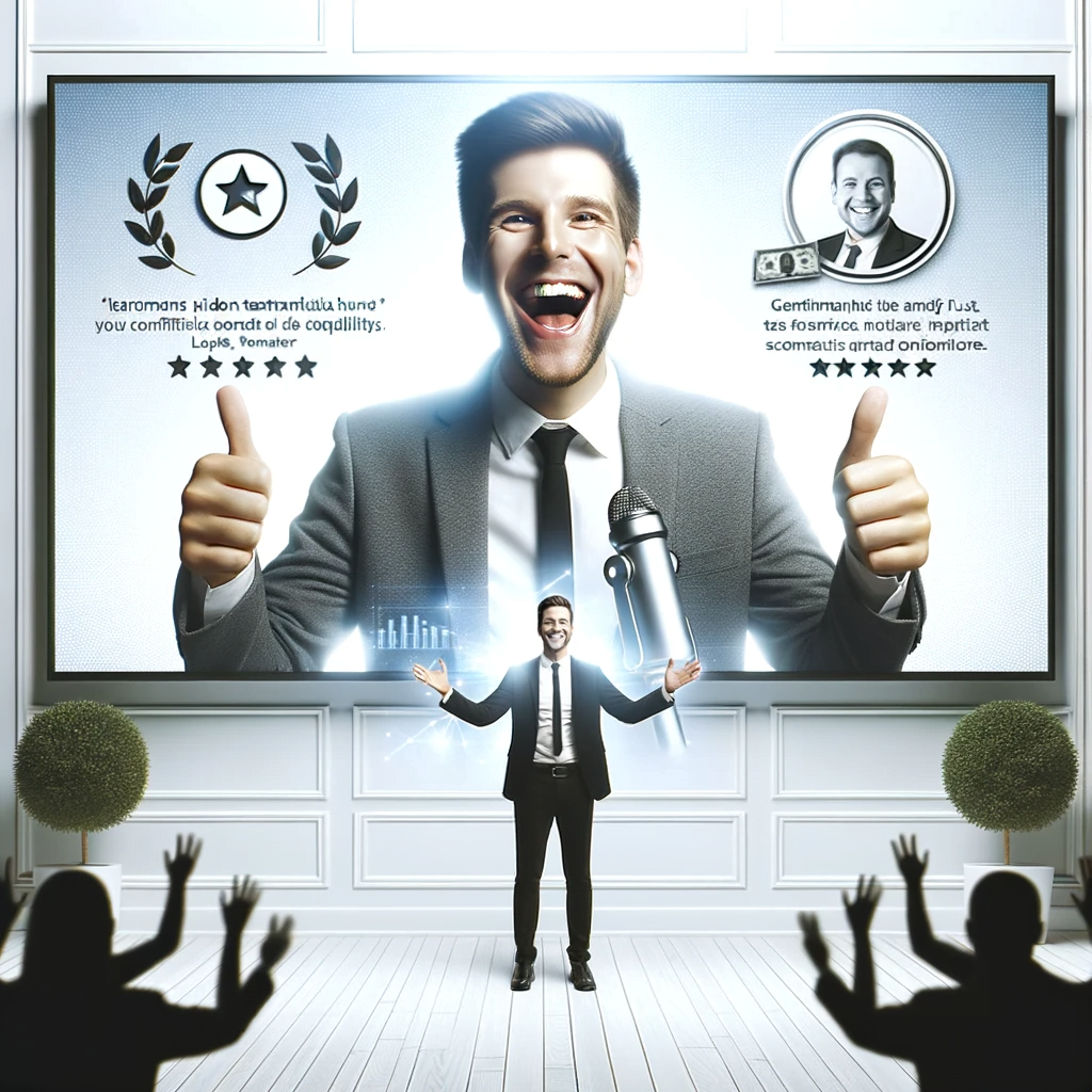 A man is standing in front of a big screen and giving thumbs up while providing video testimonials.