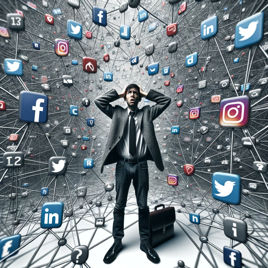 A businessman standing in front of a network of social icons, contemplating the changing landscape of social media strategy.