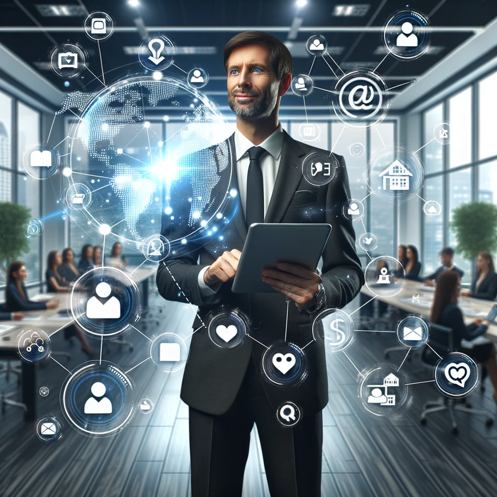 A businessman in a suit is holding a tablet in front of a group of people, demonstrating the top 3 ways real estate professionals can win new clients on social media.