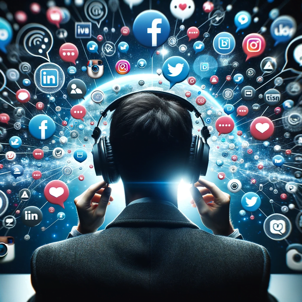 A Guide to Social Listening for Improving Your Marketing Strategy 2 A man with headphones listening to social media icons while improving his marketing strategy.