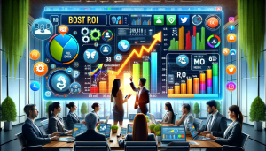 Maximiser le retour sur investissement grâce à des stratégies efficaces en matière de médias sociaux 1 Un groupe d'hommes et de femmes d'affaires assis autour d'une table maximisent efficacement leur retour sur investissement devant un grand écran.