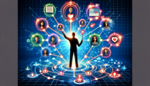 A man engaging customers in front of a network of social media icons.