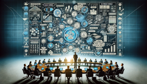 Dominar el marketing B2B en redes sociales: A Comprehensive Guide 1 Un grupo de personas sentadas alrededor de una mesa, con una pantalla de ordenador que muestra una guía completa para el marketing B2B en redes sociales.