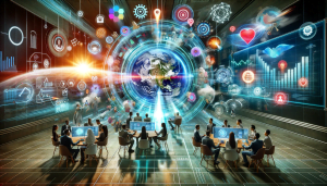 Exploring 2024's Fresh Trends in Social Media Marketing 1 A group of people exploring fresh trends, sitting around a table with a globe in the background.