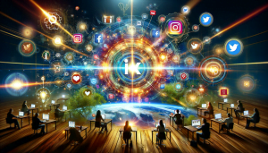 Aumentar la visibilidad de la marca en las redes sociales: Ideas de expertos 1 Un grupo de personas sentadas en sus escritorios con iconos de redes sociales a su alrededor, potenciando la visibilidad de su marca.