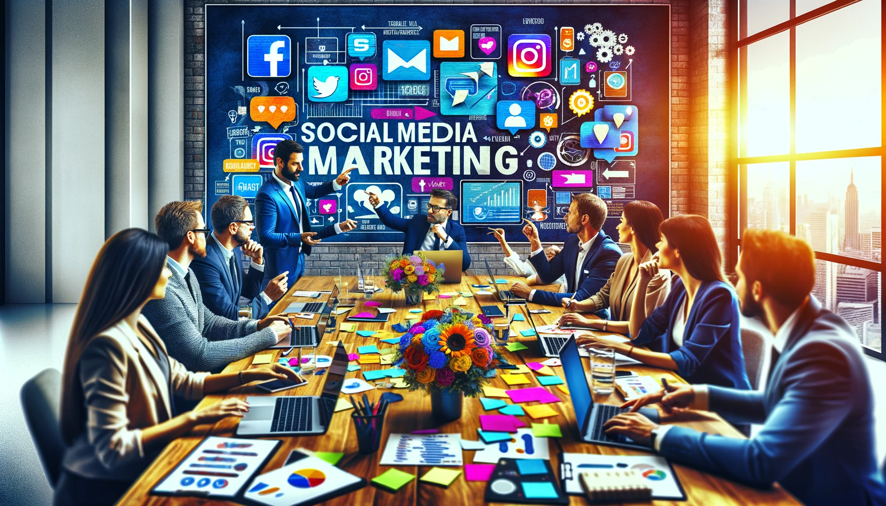 A group of people analyzing social media marketing performance while sitting around a table and talking.