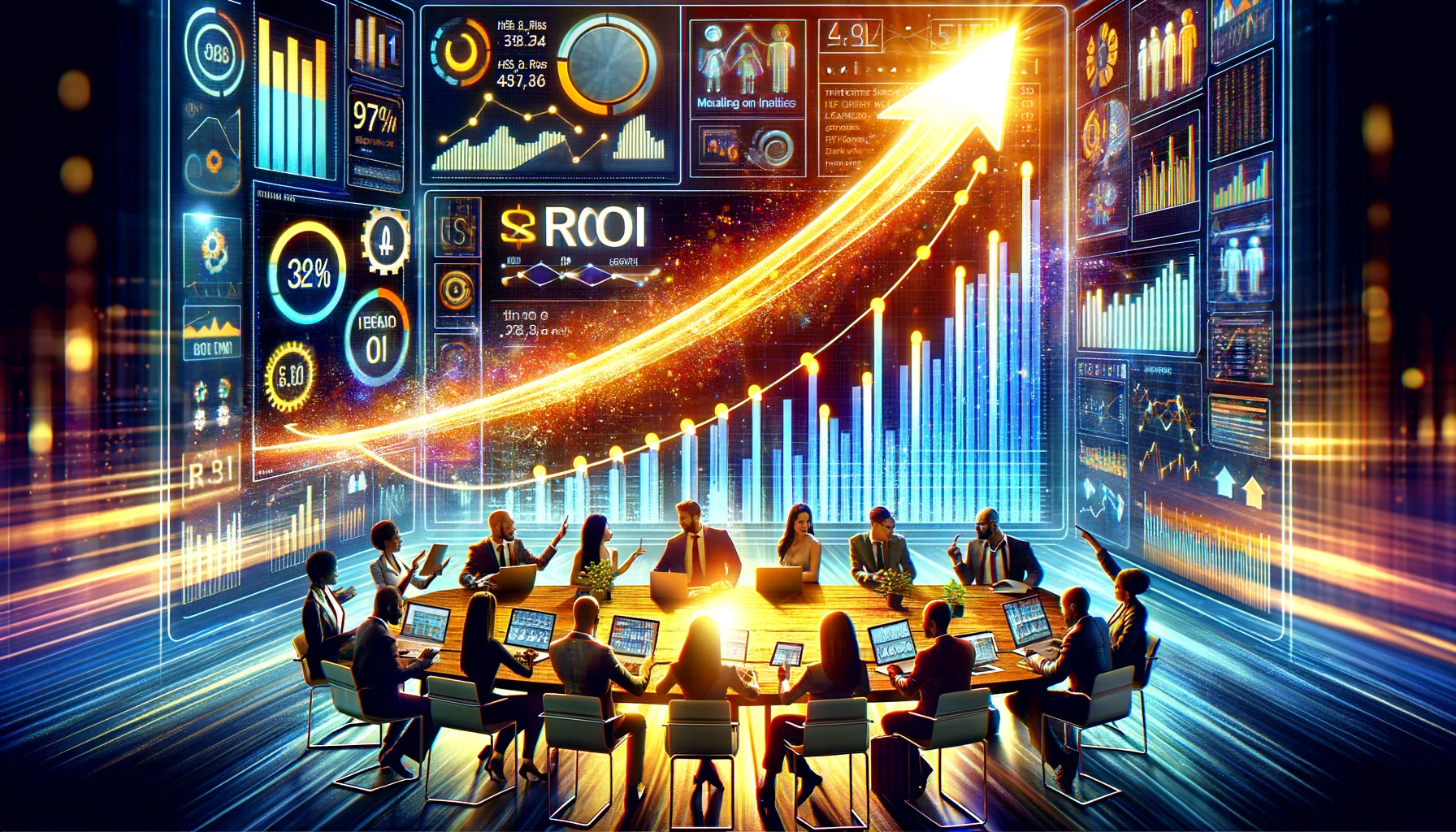 A group of people sitting around a table, engaged in effective social media strategies while maximizing ROI.