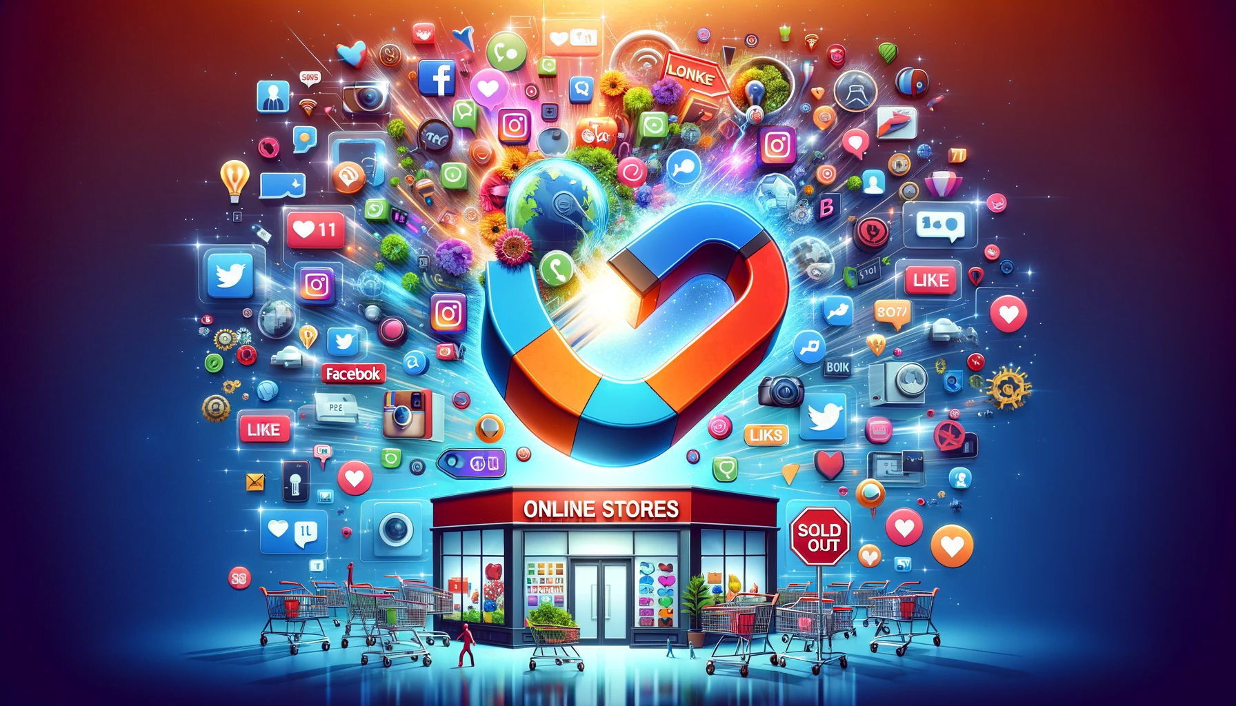 An image of a store with many social media icons surrounding it, showcasing the power of online stores.