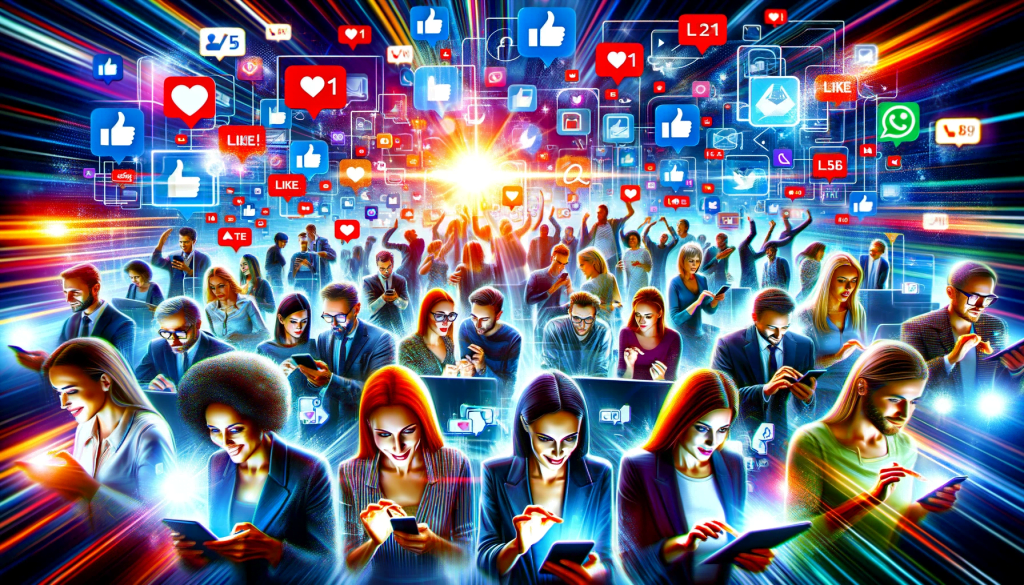A crowd of people engage with social media icons, reaching out to customers.