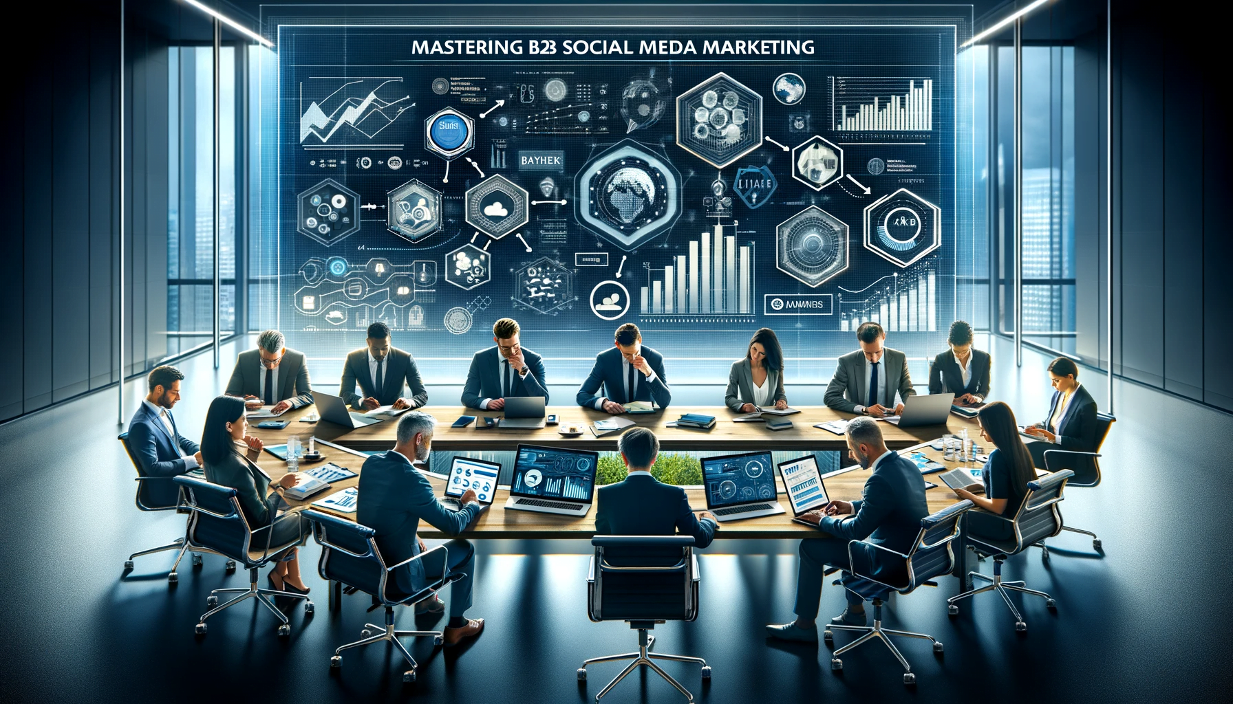 A group of business people sitting around a table in a conference room, collaborating on mastering B2B social media marketing using a comprehensive guide.