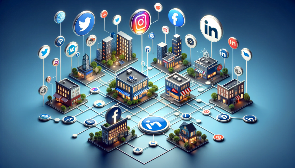 A 3D image of a city with popular social media icons, suitable for small businesses.