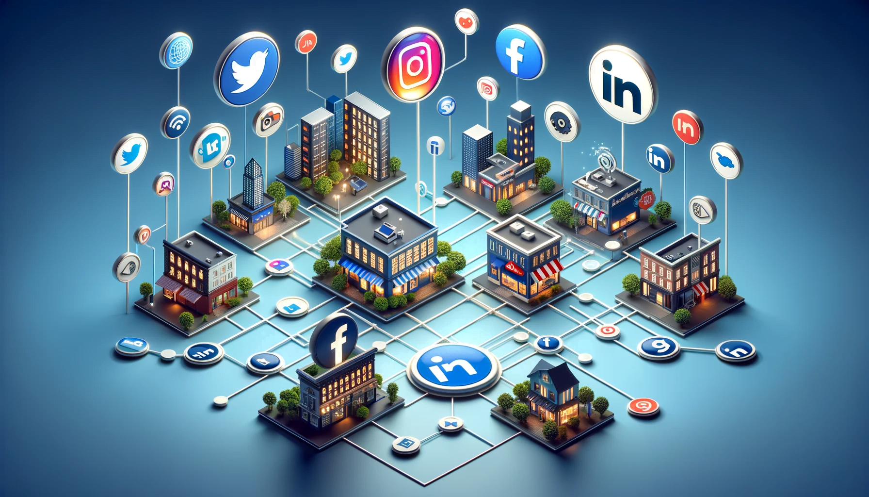 A 3D image of a city with popular social media icons, suitable for small businesses.