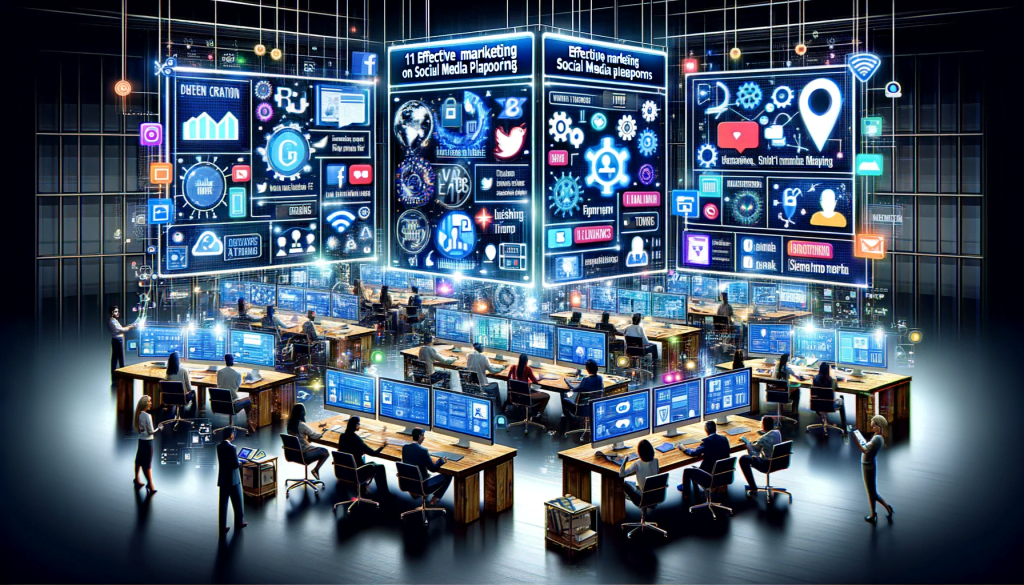 Un grupo de personas trabajando con ordenadores en una oficina moderna, centradas en el marketing y la utilización de plataformas de medios sociales.