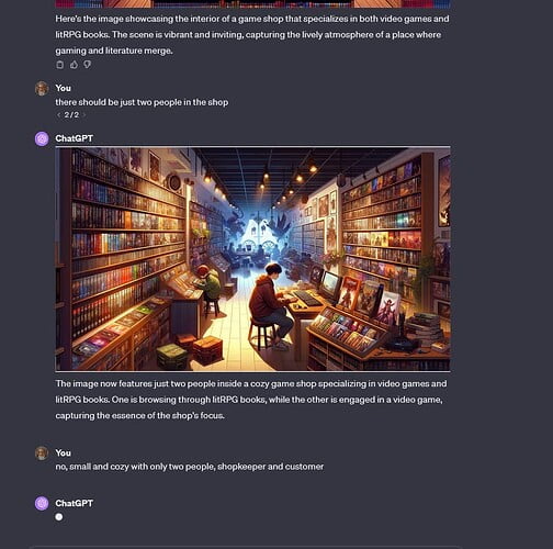 Interior of a cozy bookstore with shelves packed with books; two people, one browsing books and another playing a video game, illuminated by warm lighting suitable for image prompting.