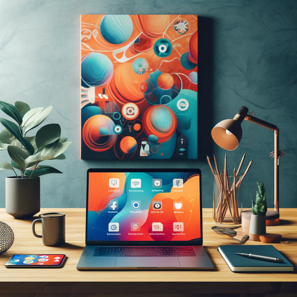 A laptop open on a desk with colorful abstract art on the wall, a desk lamp, a coffee mug, a notebook for blogging, and a plant in a cozy workspace.