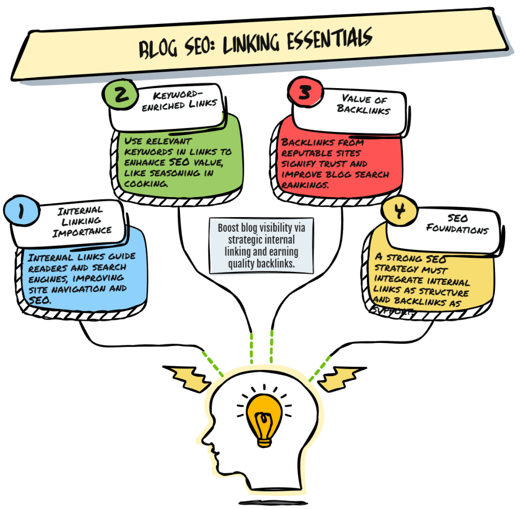 Illustration of a light bulb representing an idea, surrounded by text bubbles detailing "blog SEO linking essentials" with tips on keywords, internal linking, and SEO strategies.