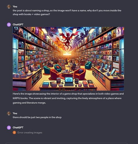 Interior of a vibrant game shop that doubles as a bookstore, featuring shelves lined with books and video games, cozy seating areas, and a dedicated space for image prompting.