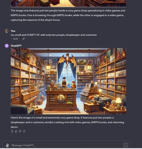 Interior of a cozy game shop with two people; one browsing books and another engaging in image prompting on a computer, surrounded by shelves filled with games and books.